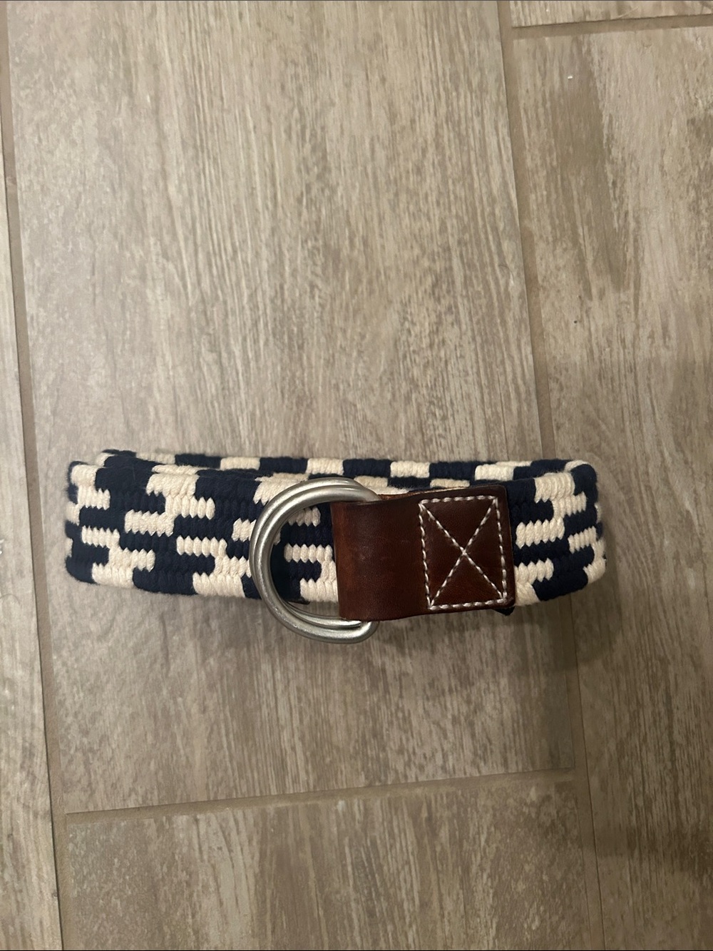 J. Crew Navy and Cream Woven D-Ring Belt with Brown Leather Trim